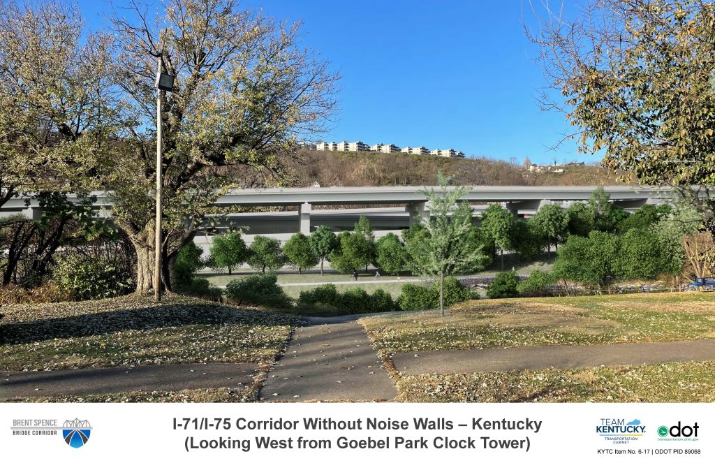 I-71/I-75 Corridor without Noise Walls, Looking West from Goebel Park Clock Tower