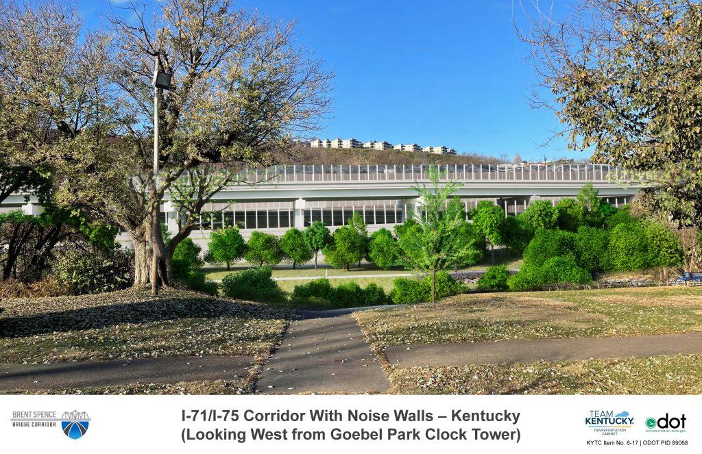 I-71/I-75 Corridor with Noise Walls – Transparent Option, Looking West from Goebel Park Clock Tower